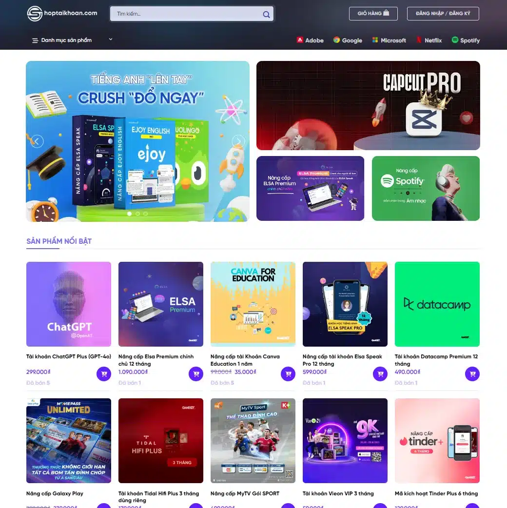 Mẫu website  bán tài khoản, phần mềm