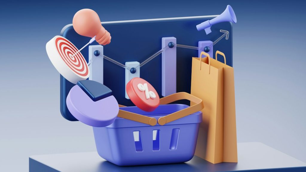 Biểu tượng giỏ hàng và tăng trưởng minh họa website thương mại điện tử